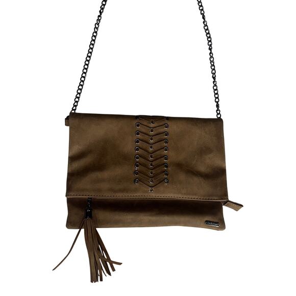 Charlie Paige Tan Vegan Leather Crossbody Purse Bag Boho with Tassel Chain Strap - Picture 1 of 7